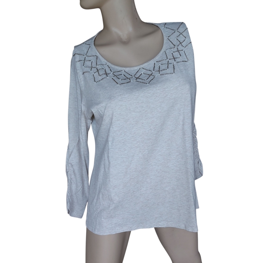 Size Large 14 Embellished Beaded Neck Soft  Cotton Tee Shirt COLDWATER CREEK
